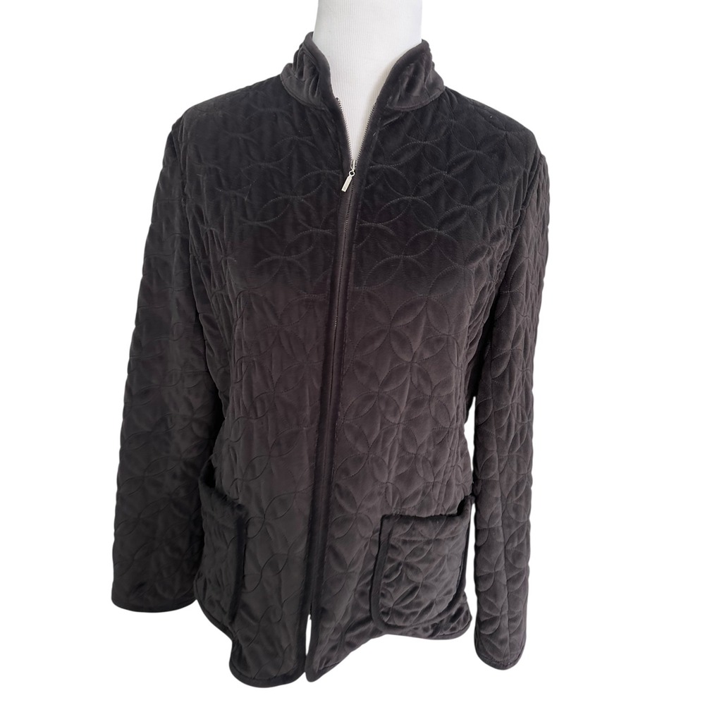 Womens Quilted Velvet Full Zip Mock Neck Jacket‎ Dark Brown Black Pockets
